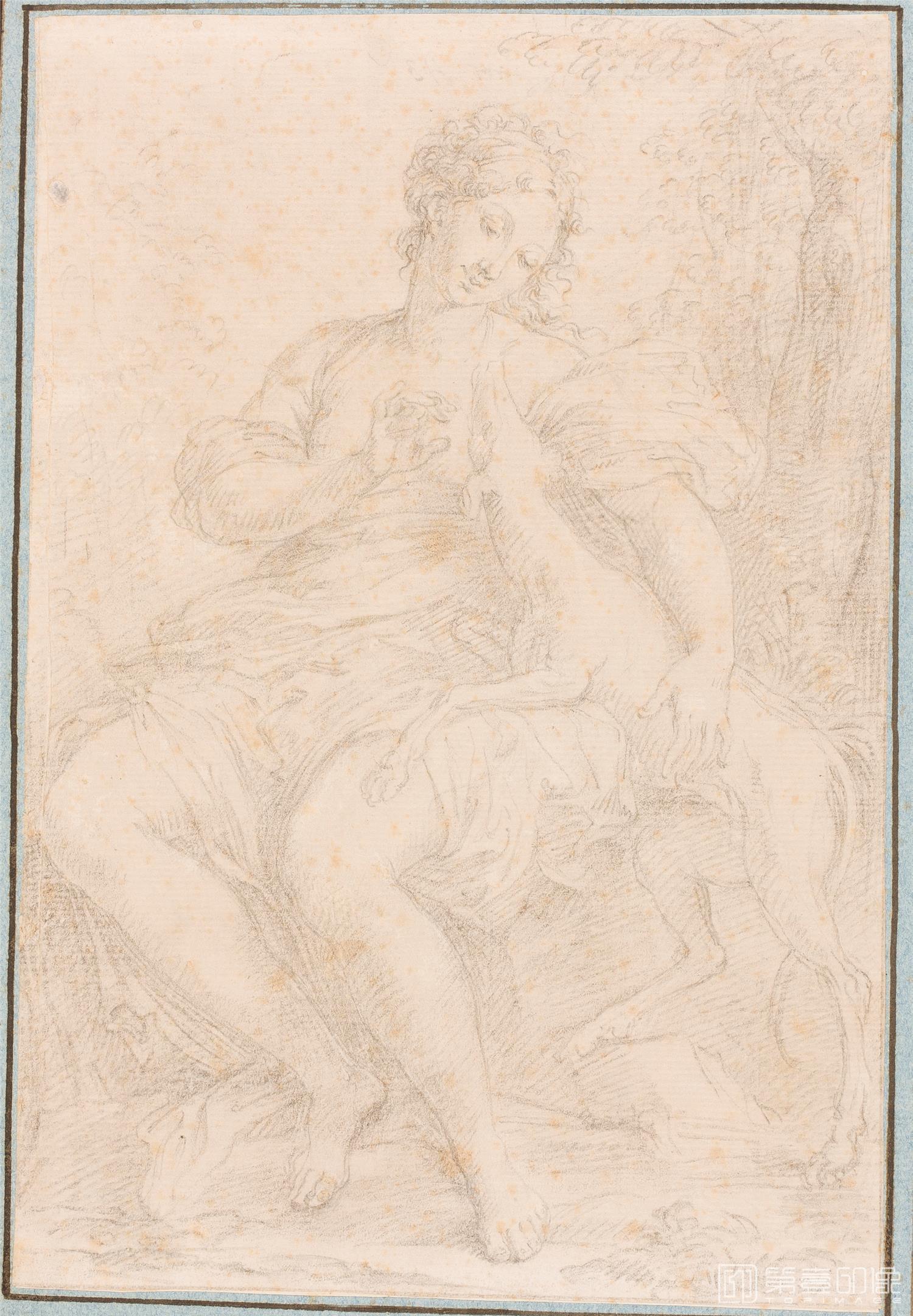 素描-西班牙普拉多美术馆素描藏画-Anonimo-Figura femenina acariciando a un perro-0257